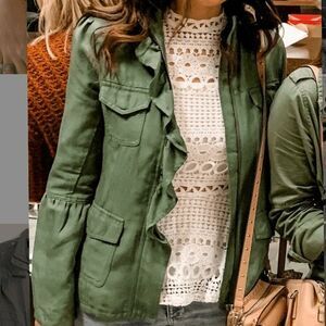 Hinge Nordstrom Jacket Olive Green Ruffle Front‎ S